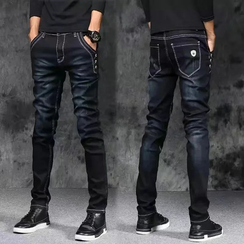 Slim Fit Men's Jeans Casual Elastic Korean Style Autumn Grey Trendy Long Pants Versatile Slim Legged Casual Trousers