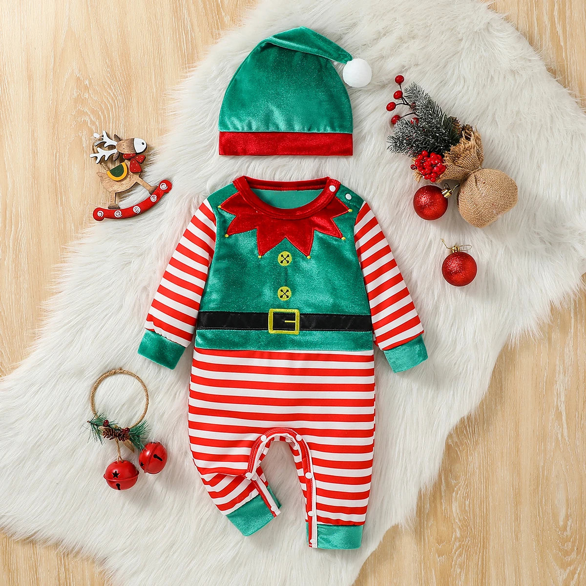 2 Stück Weihnachten Baby Unisex Overall Neugeborene süße gestreifte Kleidung Herbst Winter Jungen Mädchen Rundhals ausschnitt Langarm Bodysuit Hut.