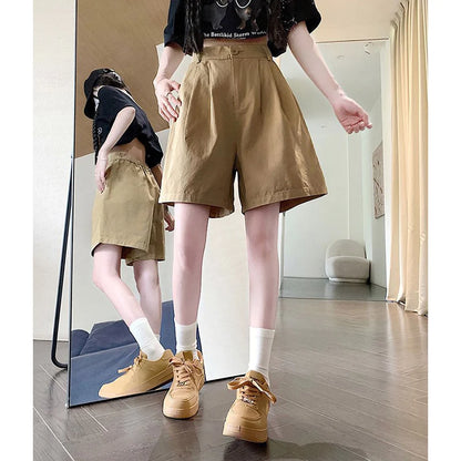 2025 Summer Women Casual Daily Khaki Short Pants Female High Waisted Cargo Shorts Girls Retro Baggy Wide Leg Slacks.