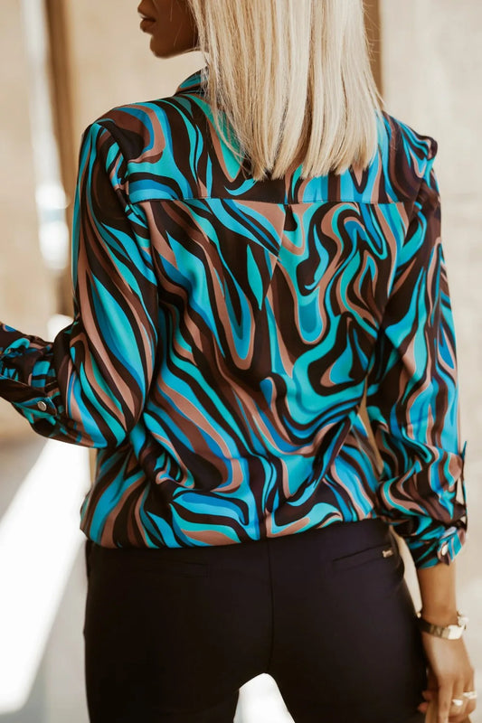 Blue Women's Long-sleeved Shirt, Single-breasted Collar Commuter Shirts, White and Black Slim-fit Top.