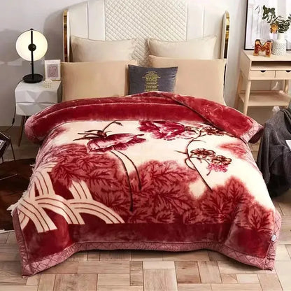Classic Lily Print Blanket Double Thickened Autumn Winter Raschel Blankets Dormitory Bedrooms Comfortable Cold Resistant Bedding.