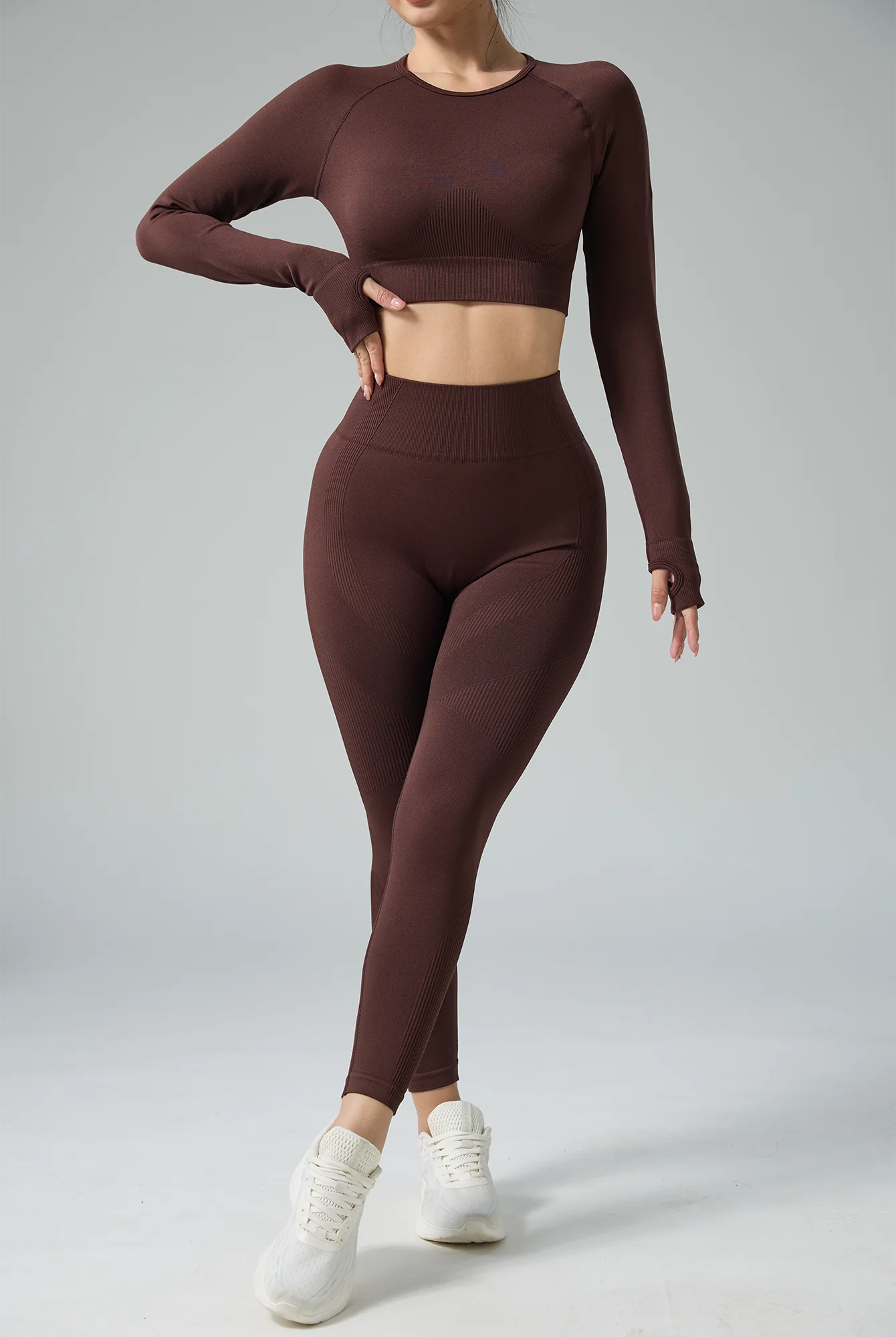 Women' High Waist Sexy Gym Matching Set Seamless Yoga Outfit Sets Sportswear Woman Gym Sports Leggings and Long Sleeve Workout.