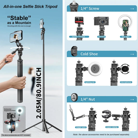 Selfie Stick Tripod with Remote for iPhone Phone Gopro DSLR Camera, 2.0m Extendable Phone Tripod Cold Shoe Mount for Vlog Videos.