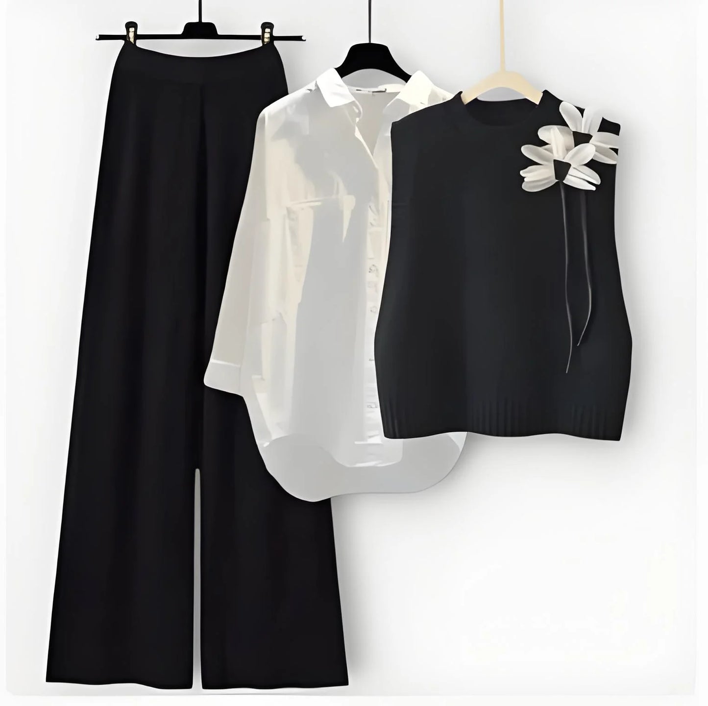 Herbst Winter Elegante Strickwaren 3-teiliges Damen-Pullover-Set Schicke weiße graue schwarze Strickjacke mit Schleifendetail Lässige gestrickte Hose mit weitem Bein