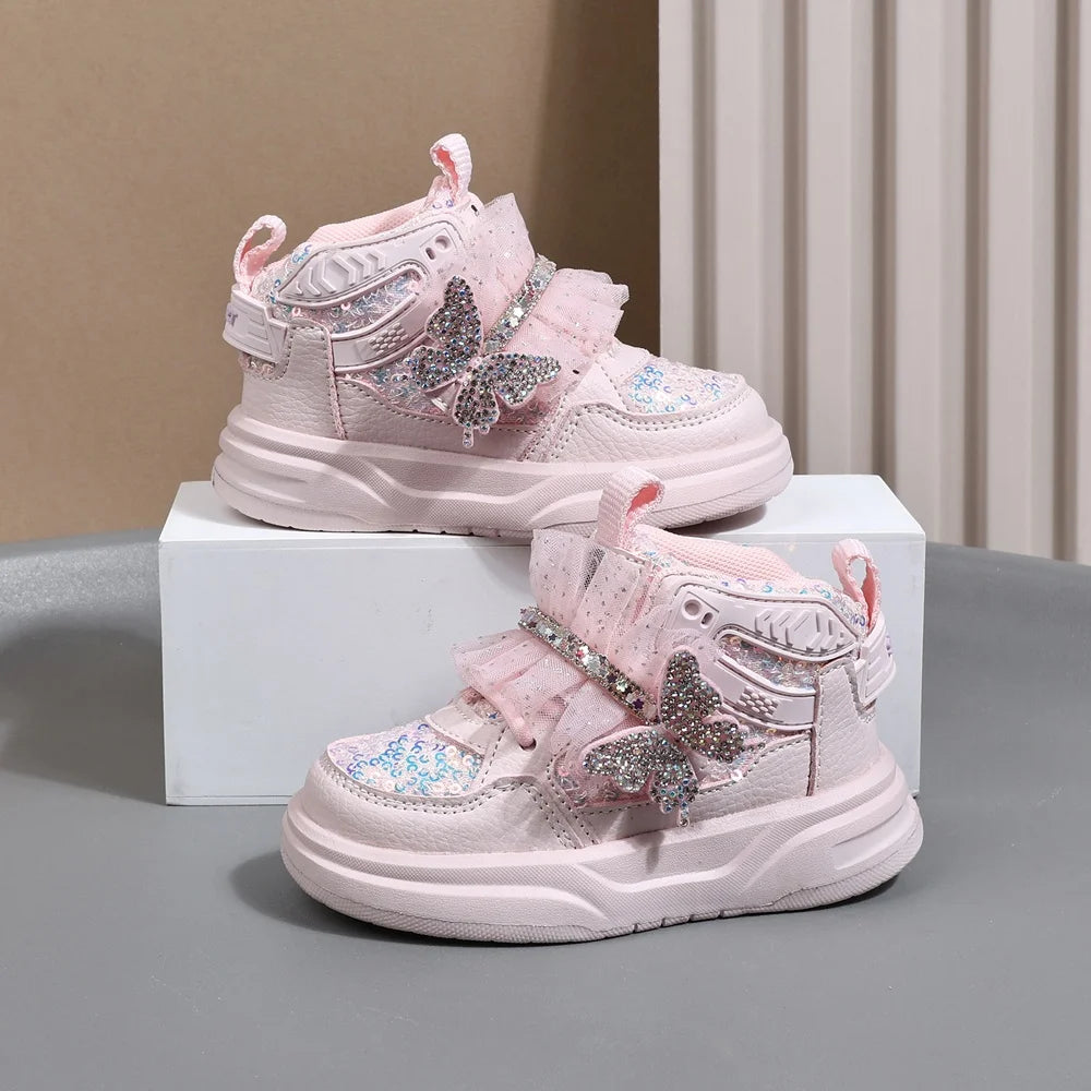2025 New Autumn Children Shoes Leather Toddler Kids Sport Shoes Bling Bling Cute Butterfly Soft Sole Fashion Girls Sneakers