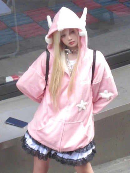 Japanese Kawaii Print Hooded Coats Women Sweatshirts Harajuku Printed Jacket Aesthetic Grunge Blouse Subculture Cute Y2k Tops.