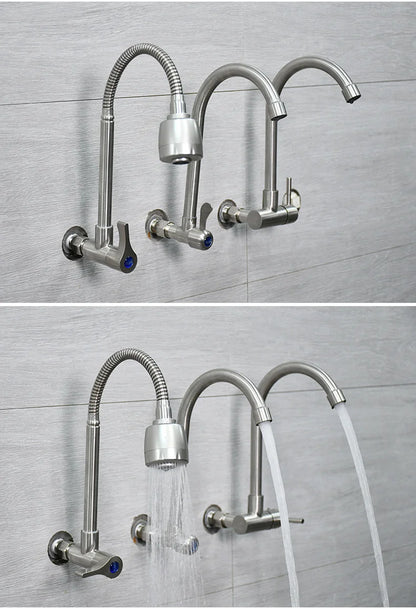 Kitchen Stainless Steel Faucet Wall Mounted Rotate Single Cold Water Sink Tap Household Kitchen Universal Faucet