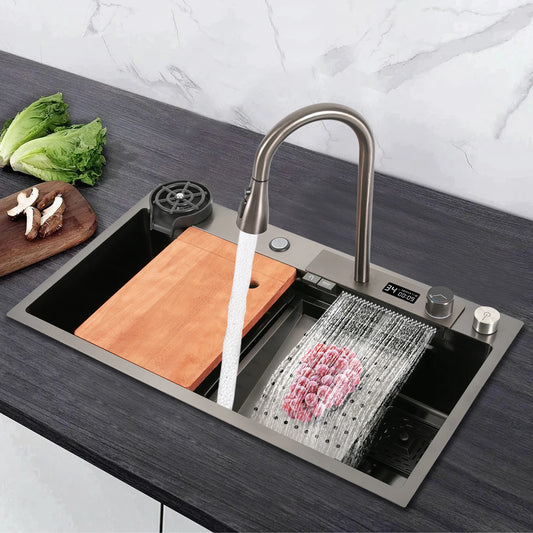 Küchenspüle aus Edelstahl mit ausziehbarem Wasserhahn, Wasserfallspüle mit Digitalanzeige, multifunktionale Küchenspüle für die Arbeitsstation