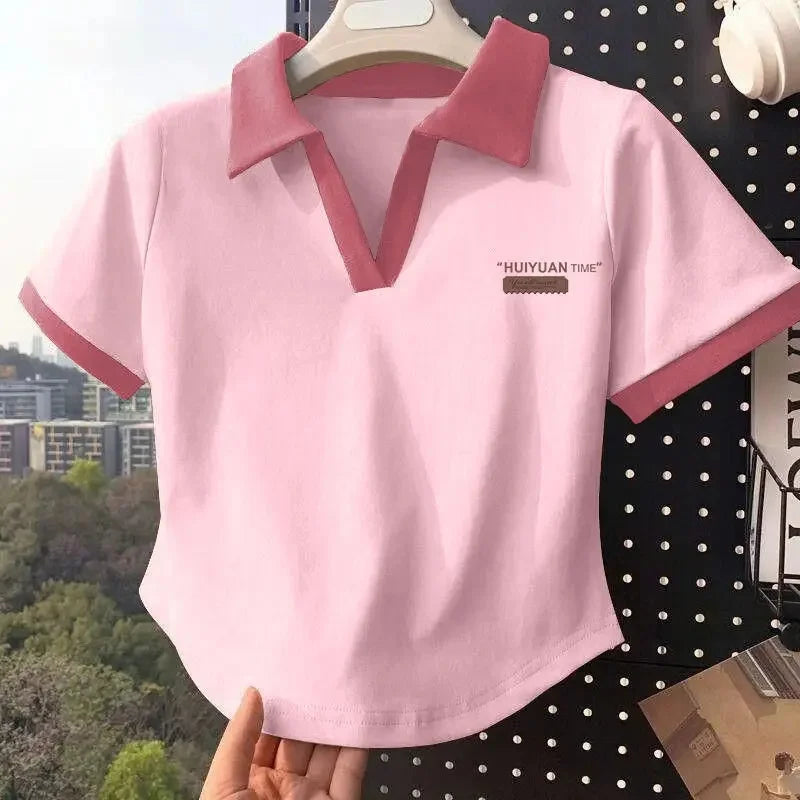 Color Block Polo Neck Short Sleeve T-Shirt Women's Fashion Summer Top plus Size Small Figure Friendly Cotton Blend T-Shirt