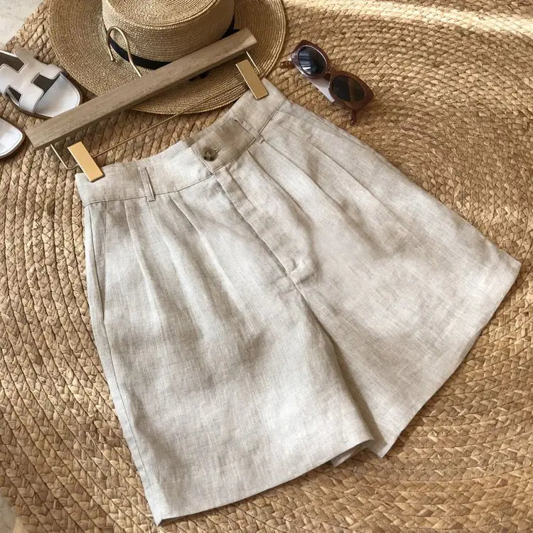 Korean Office Lady Summer Women's Solid Color Linen Zipper Pockets Fashion Casual Loose High Waist A-line Wide Leg Shorts