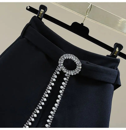 2025 Spring Summer New Simplicity Fashion Diamonds High Waist Shorts Women Clothes Fashion Patchwork Solid Color Wide Leg Pants.