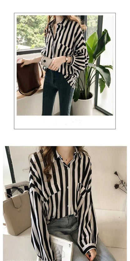 1pcs Woman Spring Autumn Stripe Shirts Lady Casual Long Sleeve Turn-down Collar Loose Shirt Female Chiffon Temperament Tops.
