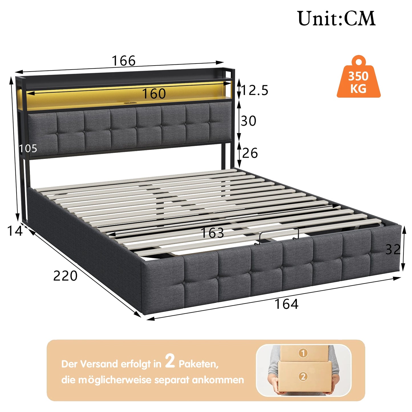 Rosahqnda Doppelbett 160 x 200 cm, mit Steckdose und LED, Kopfteil mit Stauraum und hydraulischem Stauraum, Schlafzimmer für Teenager, Leinen/PU