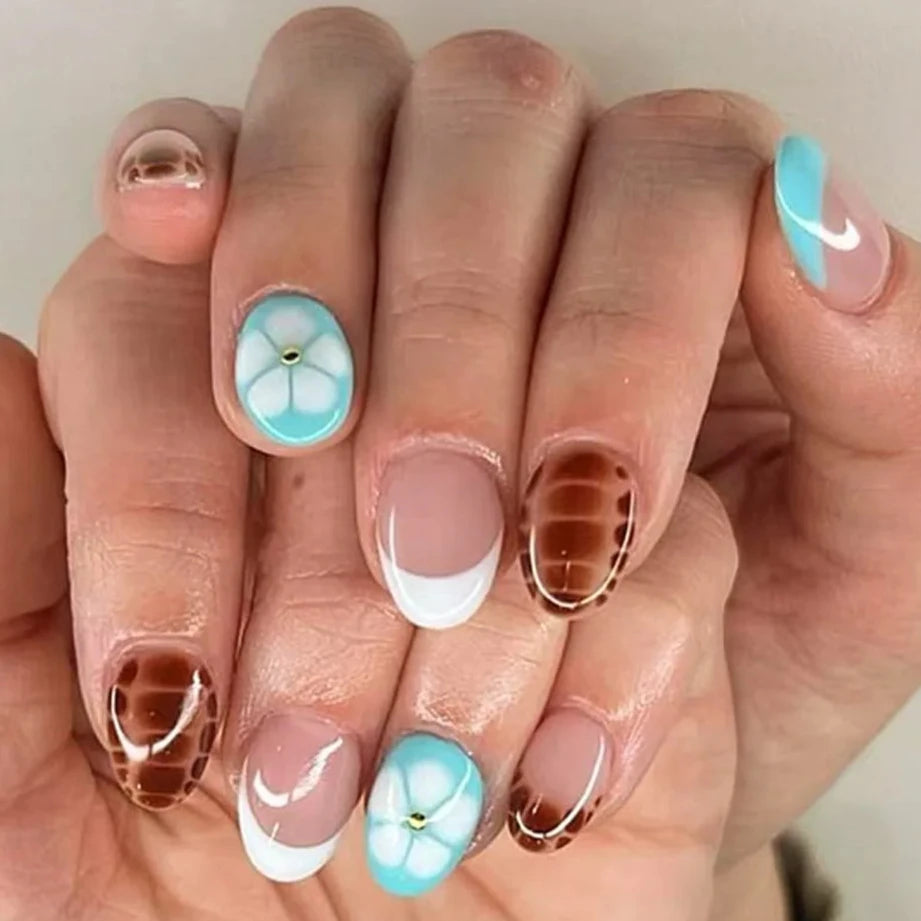 3D Flowers Gold Bead Lace White Daisy Bowknot Long Pointed Fake Nails Art Almond False Nails Press on Nails Charms Manicure Tool