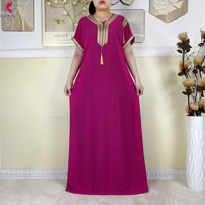 2025 Muslim Caftan Short Sleeve Dress Solid Cotton Summer Abaya African Traditional Dresses Islam for Women Casual Clothing.