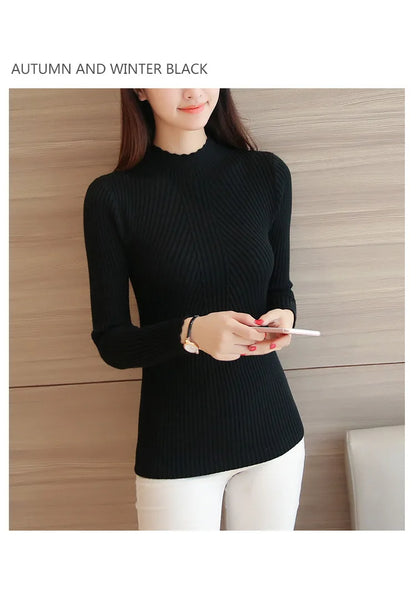 2025 herbst Frauen Mock Neck Rüschen Pullover Langarm Gestrickte Bodenbildung Solide Pullover Streifen Frauen Casual Pullover Winter