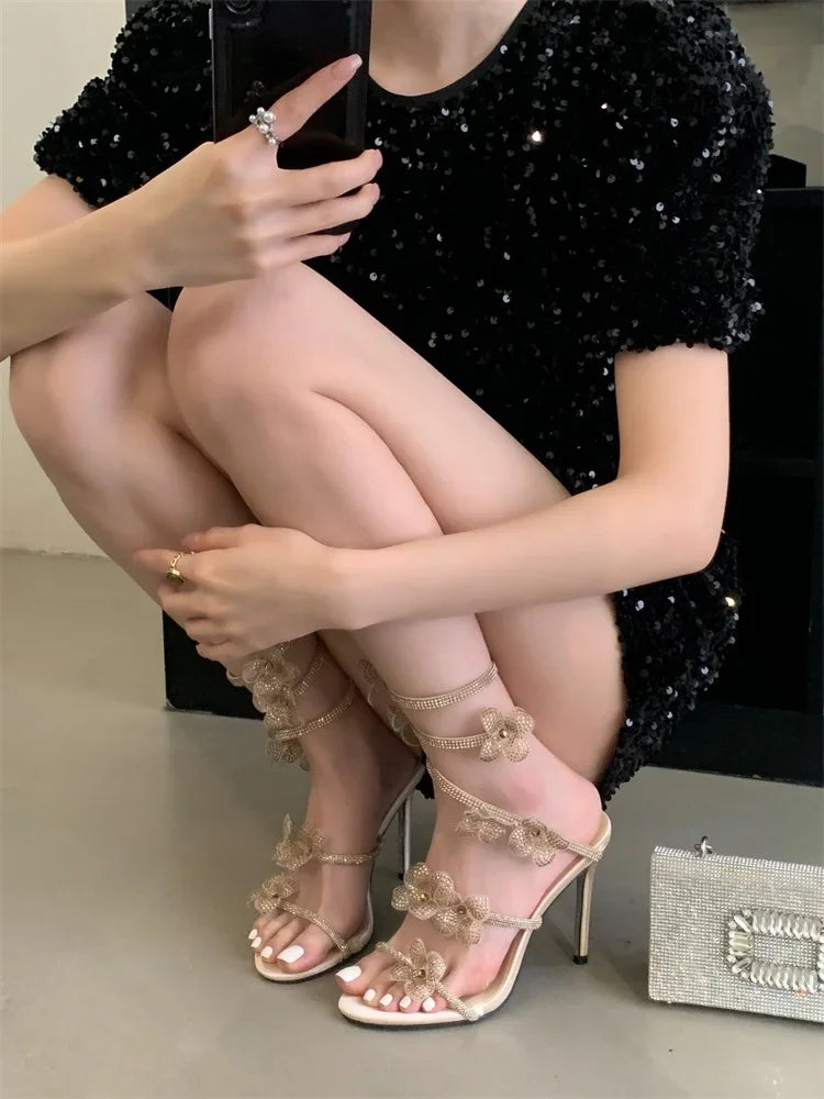 Aneikeh Street Style CRYSTAL Narrow Band Thin High Heels Women Sandals 2026 Summer Open Toe Ankle Strap Female Shoes.