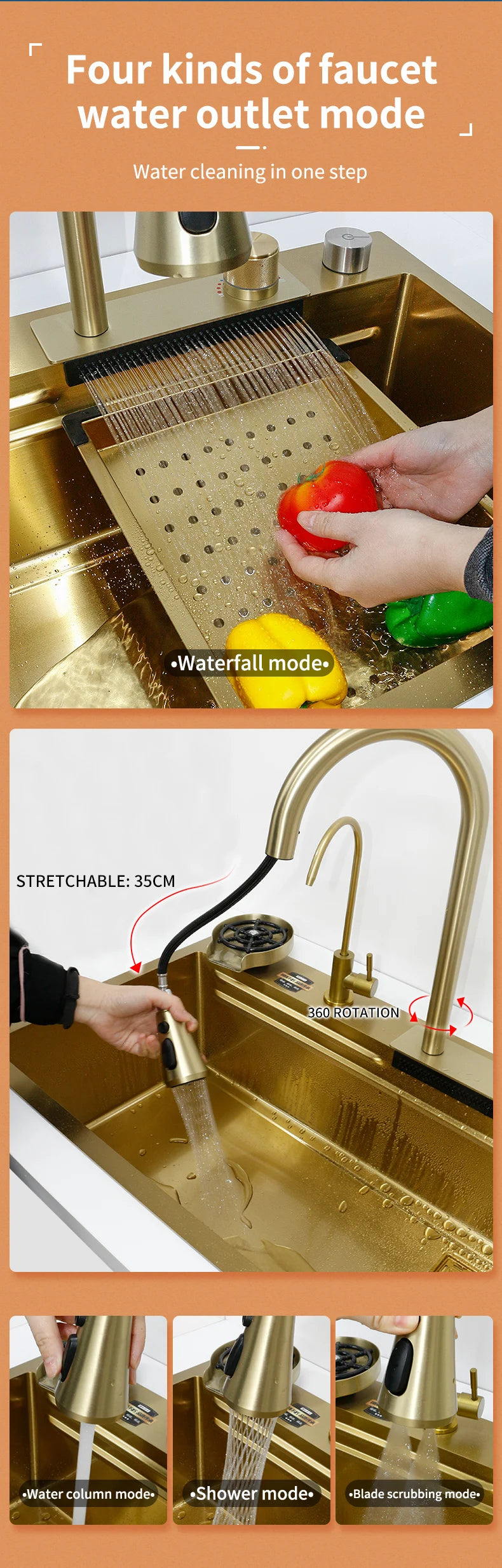 YCRAYS Golden Nano Multifunctional Kitchen Sink 4 Mode Waterfall Faucet Large Single Bowl Soap Dispenser Pure Tap Cup Washer