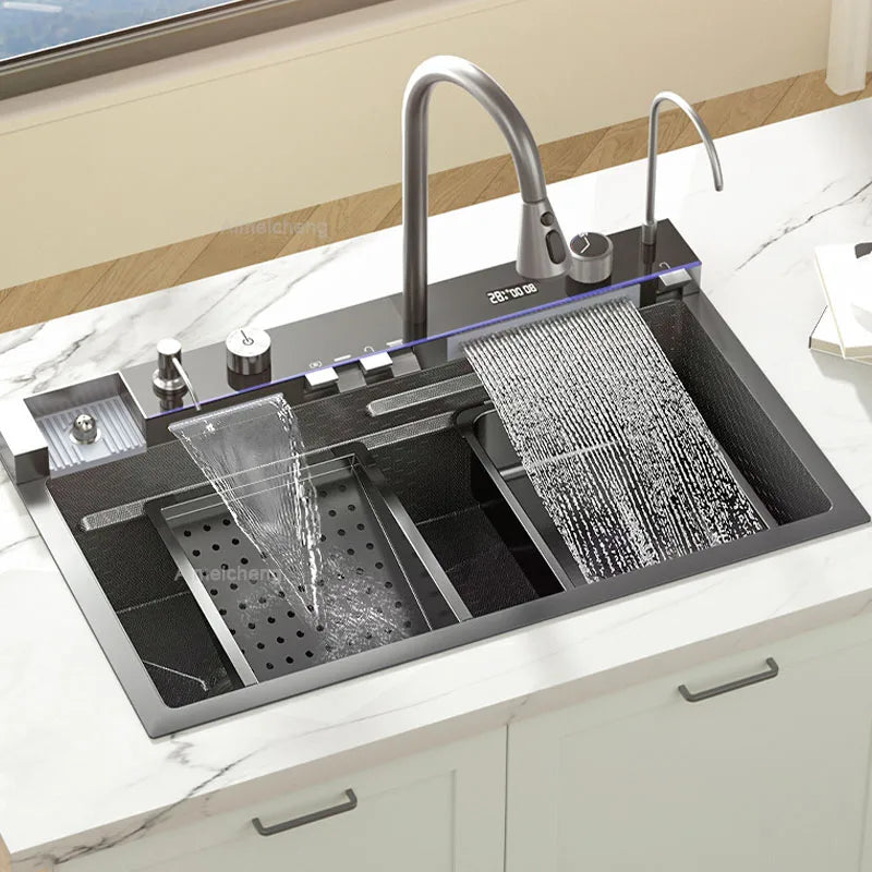 Küchenspüle aus Edelstahl mit Wasserhahn, Digitalanzeige, große Einzelschüssel, Wasserfall, Regen, 5-Funktionen-System, Spülbecken, Spüle