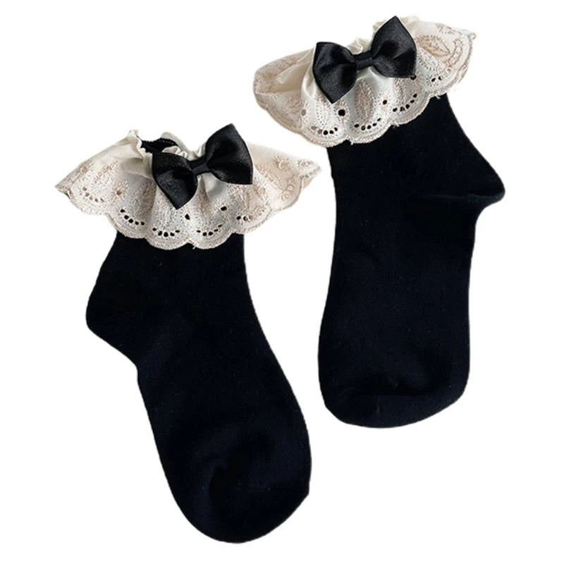 Women Lolita Transparent Mesh Crew Socks Sweet Ruffled Lace Trim Bowknot Cute Love Heart Pattern Anime Princess Hosiery