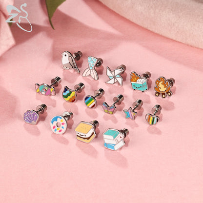 ZS 2Pcs/lot Stainless Steel Butterfly Star Heart Stud Earring Silver Color Earrings Ear Tragus Helix Tragus Piercing 20G Jewelry.