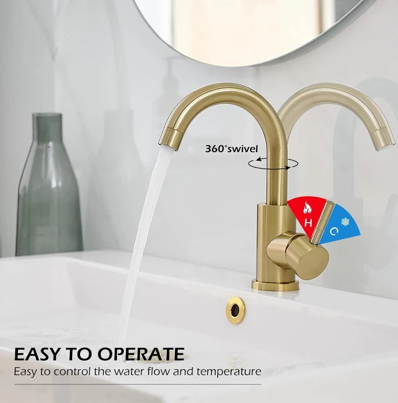 Stainless Steel Golden Basin Faucet Hot And Cold Countertop Basin European Style Bathroom Brushed Gold Small Curved Faucet