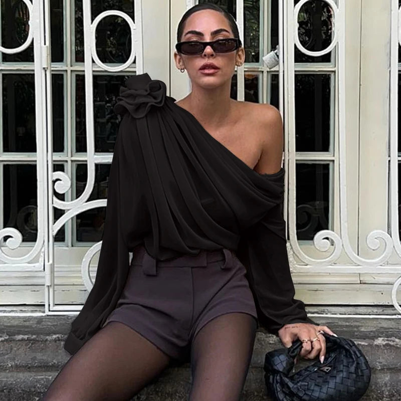 WhereMery Sexy Irregular Oblique-neck Flower Applique T Shirt Summer Off Shoulder Fashion Long Sleeve Crop Tops Street Mesh Tees