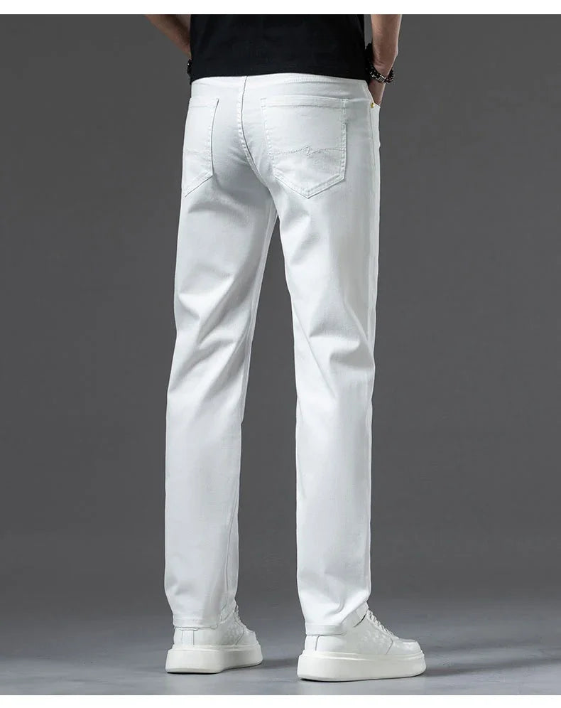 2024 New Summer Thin Men's Straight Denim Cotton Stretch Creamy-white Jeans Classic Business Pants Fashion Trousers Male Brand.