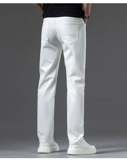 2024 New Summer Thin Men's Straight Denim Cotton Stretch Creamy-white Jeans Classic Business Pants Fashion Trousers Male Brand.