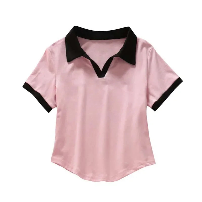 Summer Short Sleeve V-Neck Polo Shirt Women's Short Style Cotton Lycra Ribbed Top Bright Color Block 220g 40 Denier.