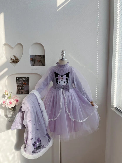 Anime Kuromi Lolita Kleid und Umhang Set Strickpullover Spleißen Mesh Prinzessin Kleid Partykleid Herbst Winter Urlaub Geschenk