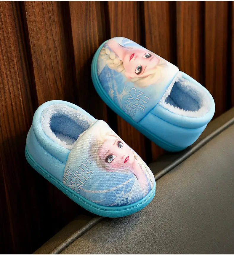 Disney Princess Elsa Winter Children's Heel Cotton Slippers Girls' Warm Frozen Kids' Cotton Black Purple Flats Shoes Size 24-40.