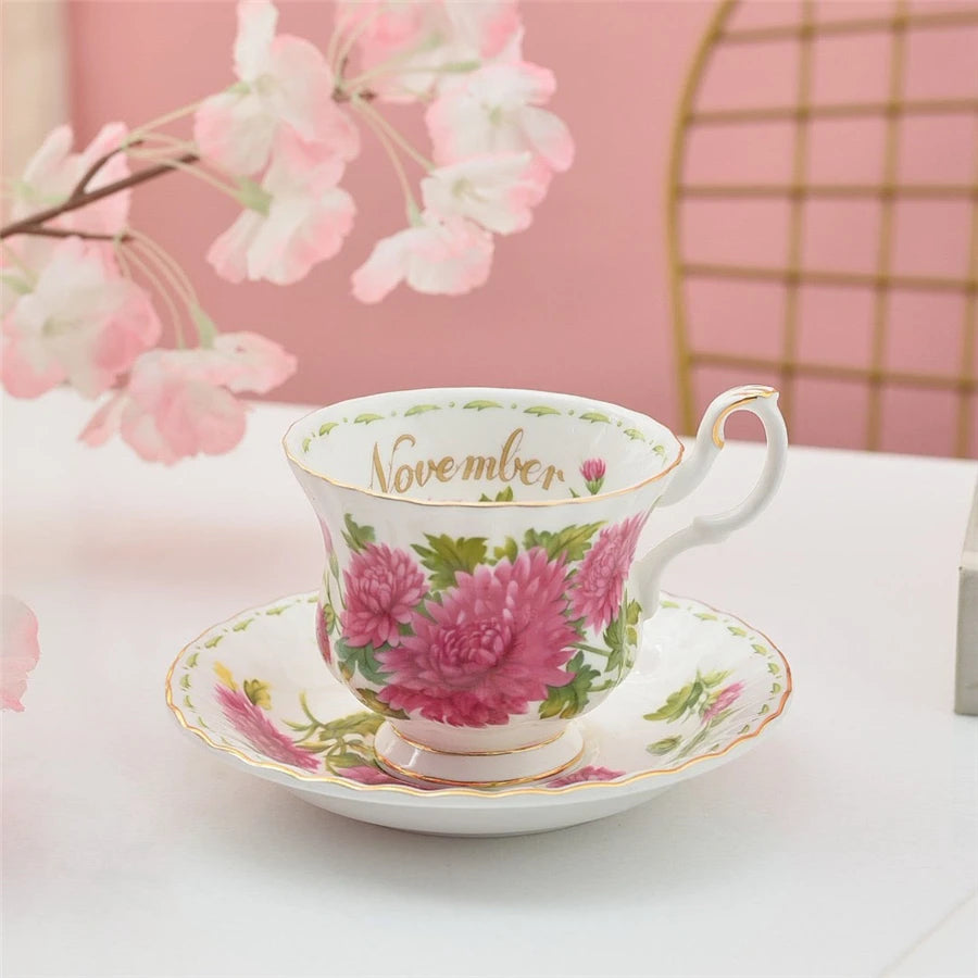 Coffee Cup and Saucer Set Month Flower Mug Bone China Drinking Set Ceramic Cup and Saucer Home Teacup Dessert Saucer Gifts.