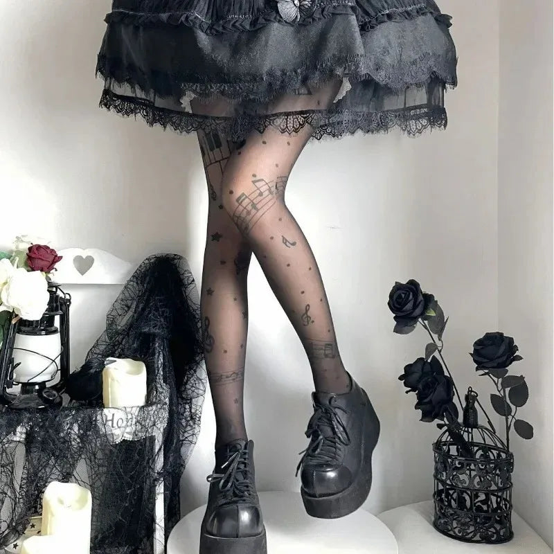 Women Personalized Stocking Gothic Music Notes Print Tights Thin High Elasticity Black Skin Leggings Spicy Girls Y2K Hosiery