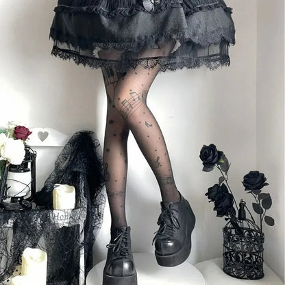 Women Personalized Stocking Gothic Music Notes Print Tights Thin High Elasticity Black Skin Leggings Spicy Girls Y2K Hosiery