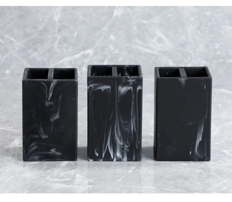 Bathroom Accessories Complete Marble Pattern Lotion Soap Dispenser,Toothbrush Holder,Tumbler,Tray Resin material Black white.