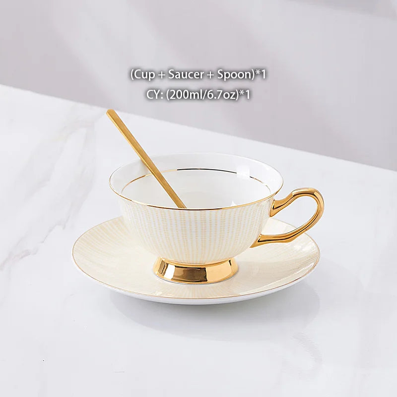 Bone China Tea Cup Saucer Spoon Set 200ml Elegant Coffee Cup Gold Porcelain Tea Set Ceramic Teacup Cafe Espresso Cup British Mug