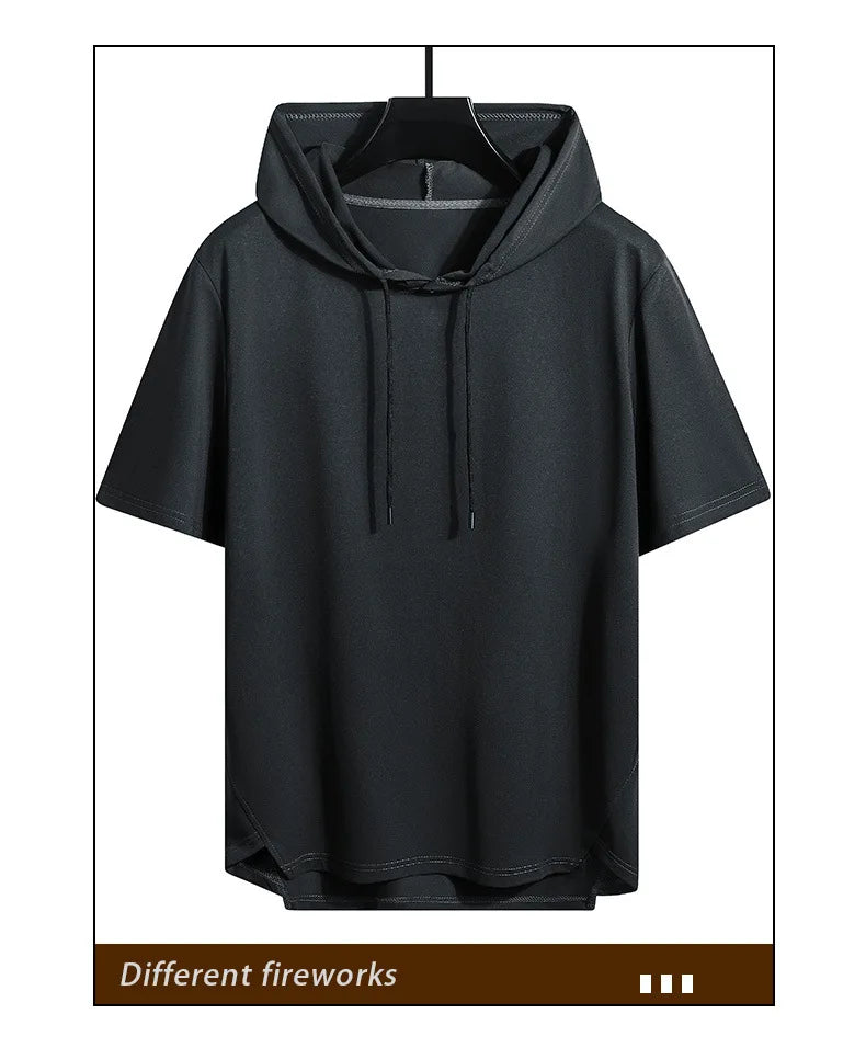 2025 Men's Summer Hoodies T-shirts Short Sleeve Solid Color Loose Hooded Drawstring Pullover Tops Basic Tees for Daily Wear Male.