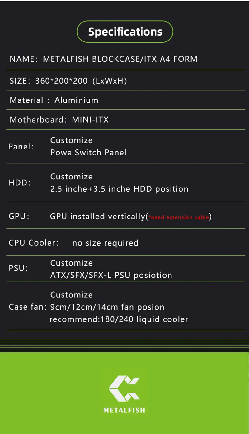 METALFISH Aluminum ITX A4 Open Frame MINI Case Support MINI-ITX Mainboard GPU Vertically 240Liquid Cooler Gamer DIY Cabinet.