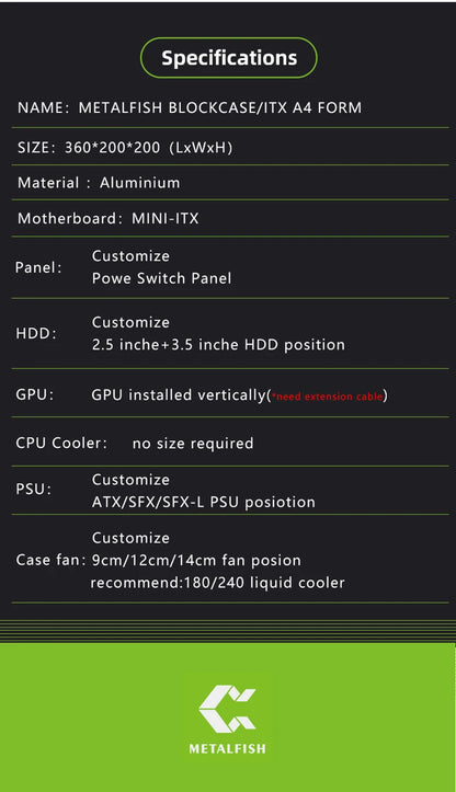 METALFISH Aluminum ITX A4 Open Frame MINI Case Support MINI-ITX Mainboard GPU Vertically 240Liquid Cooler Gamer DIY Cabinet.