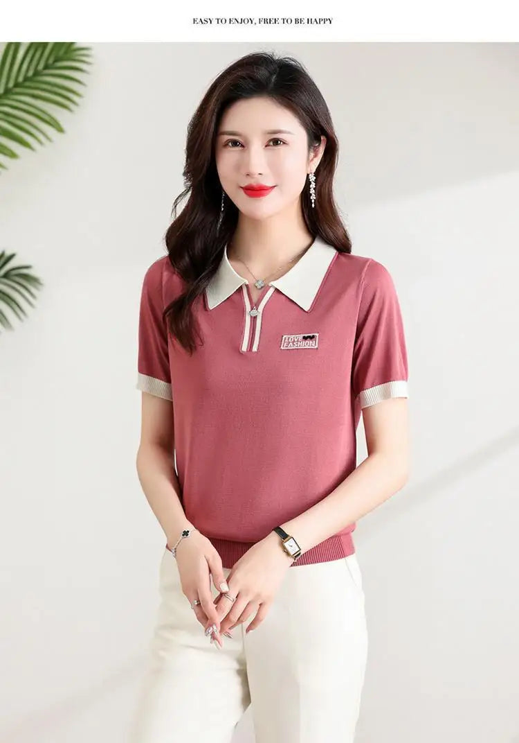 Fashionable polo collar middle-aged and elderly women's loose knitwear thin casual short-sleeved T-shirt.