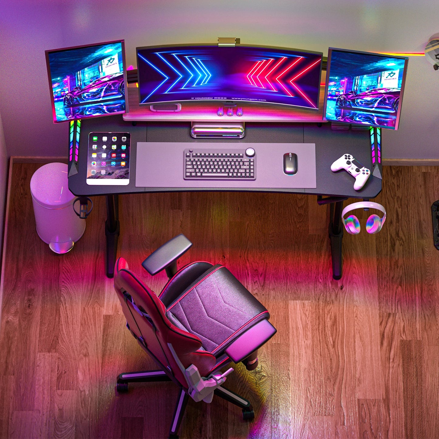 Höhen verstellbarer Gaming-Schreibtisch Stehpult, großer Gaming-Computer-Schreibtisch mit RGB-LED-Leuchten für Spiele und Home Office, schwarz
