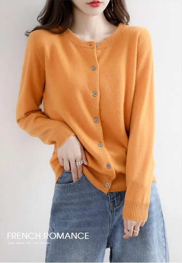 Women Knitted Cardigans Autumn Winter 2025 Round Neck Casual Long Sleeve Tops Solid Basic Soft Sweaters Female.