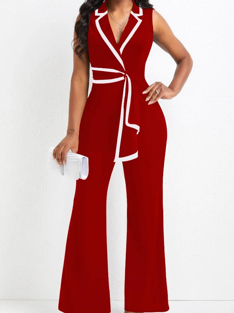 Women's Overalls Outfits Full Length New Fashion 2025 Summer V Neck Elegant Sleeveless Office Lady Jumpsuit Wide Leg Pants