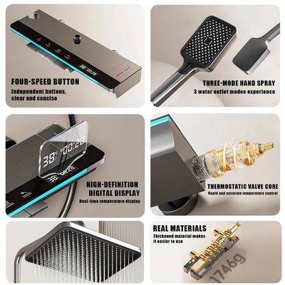 Bathroom Shower System LED Light Shower Head Set Brass Mirror Thermostatic Bathtub Faucet Digital Display Hot & Cold Showers