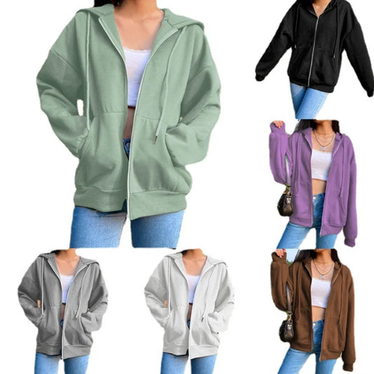 Herbst Fleece Hoodie Einfarbig Mit Kapuze Koreanische Mode Sweatshirts Langarm Top Kordelzug Taschen Lose Zipper Schwarz Hoodies