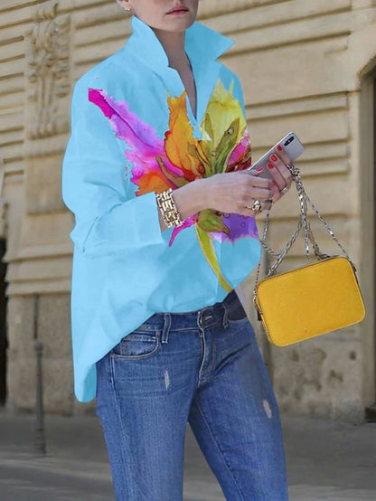Women's Floral Tie Dye Print Long Sleeve Shirt Office Elegant Fashion Single Breasted Casual Shirt.
