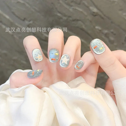 10pcs/set Handmade Press-On Nails - Blue Glossy Fish & Bubbles Design Short Oval Fake Nails with Cat Eye Effect False Nails.