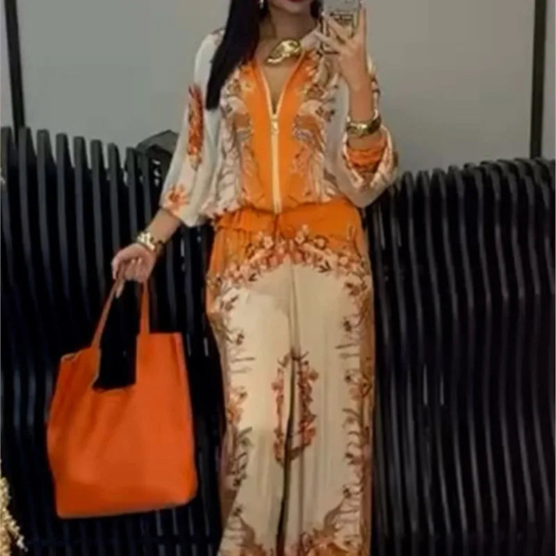 Summer Fashion Print Women's 2-piece Set Flower Zipper Baseball Uniform Drawstring Trousers Two-piece Outfit Elegant Office Suit.