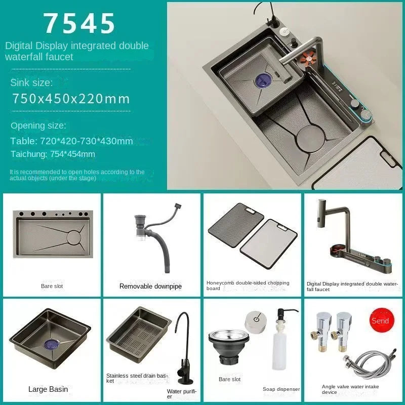 Digitalanzeige, Wasserfall, Einzelschlitz, Nano-Spüle aus Edelstahl 304, Geschirrspülen, Küche, multifunktionales Gemüsewaschbecken